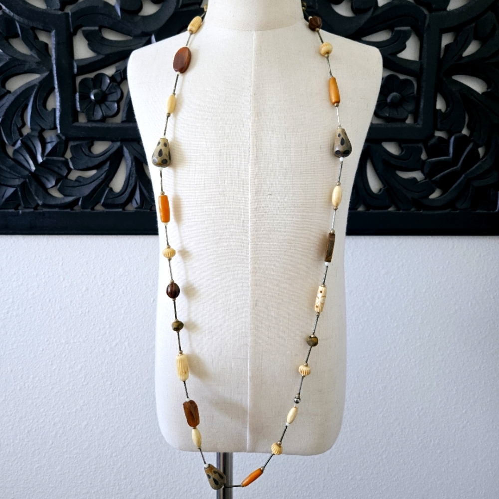 Boho Chic Mixed Wood Extra Long Carved Beaded Necklace